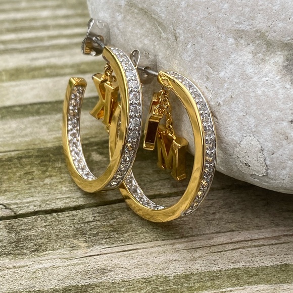 Danbury Mint Initial Hoop Earrings 14k gold plated w/ Diamonisse diamonds K & M - Picture 5 of 13